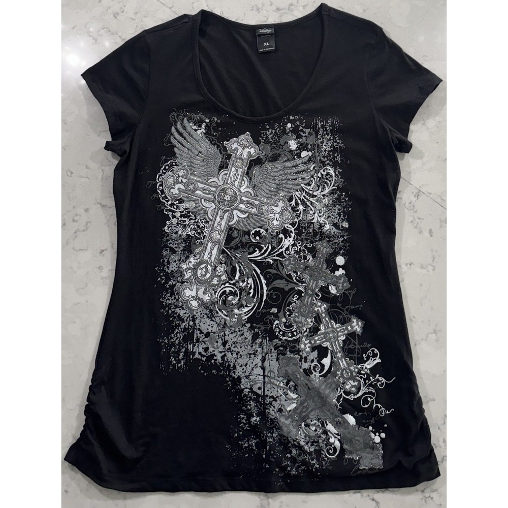 VTG Vanity Y2K Gothic Winged Cross Graphic T-Shirt Womens XL Black Grunge Tee